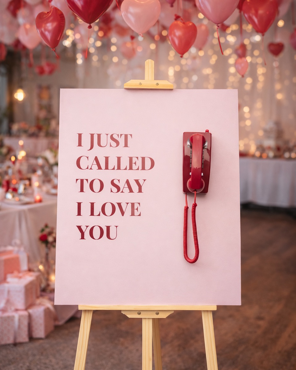 Pink telephone message station with heart balloons